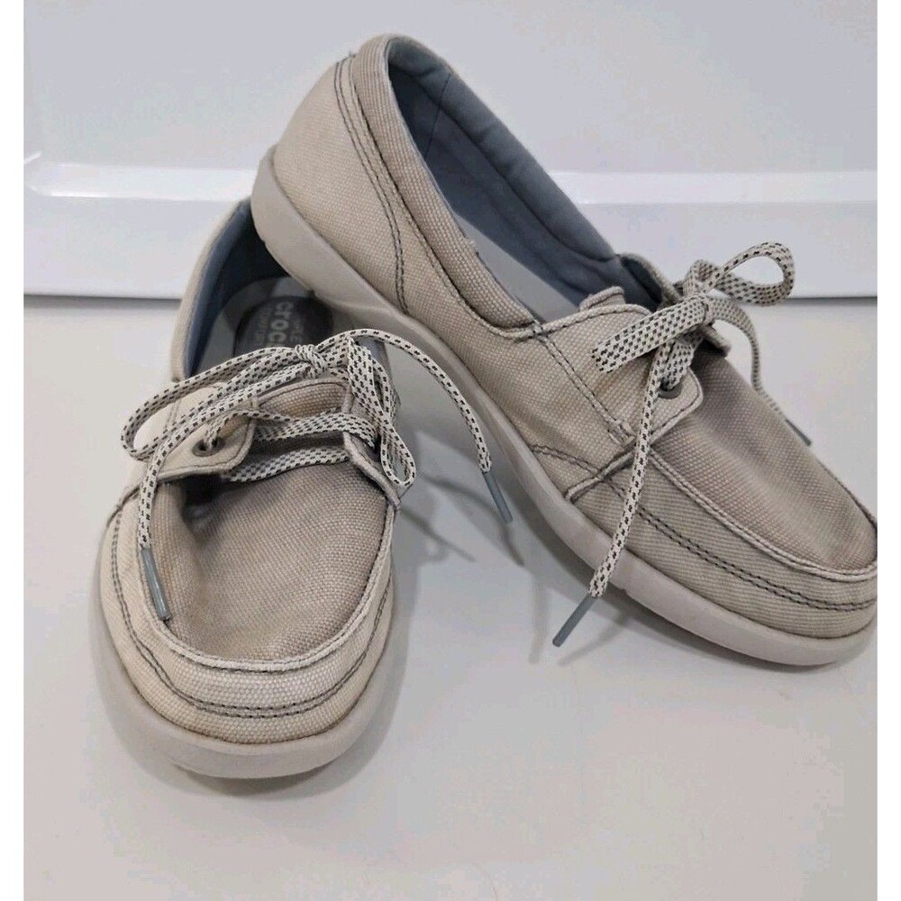 Crocs Walu II Canvas Boat Shoes Gray Loafers Triple Comfort Laced Coastal Preppy